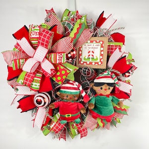 African American Christmas Elf Wreath: Holiday Front Door Decor