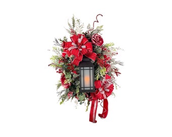Christmas LED Solar Lantern Wreath for Front Door, Lantern Wreath, Frosted Roses Winter Wreath, Designer Valentines Wreath.