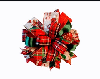 Christmas Red Truck Plaid Ribbon Bow, Merry Christmas,Bow for Christmas Wreath, Christmas Tree Bow, Country Christmas, Lantern Swag Bow,