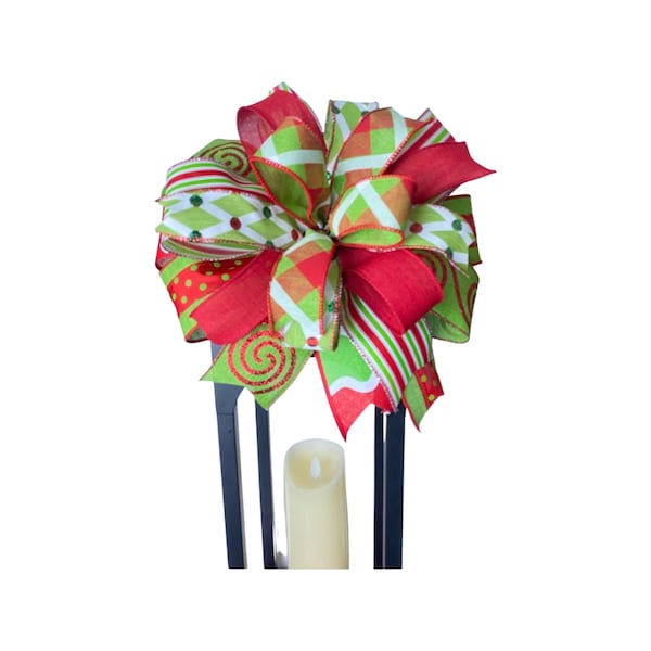 Red, Lime Green and White Christmas Wreath Bow, Christmas Wreath Bow, Lantern Bow, Mailbox Bow, Light Pole Bow, Christmas Tree Bow.