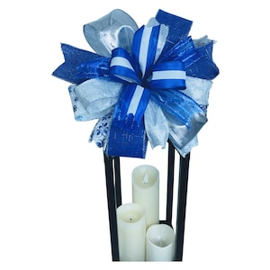 Royal Blue, Silver and White Christmas Bow, Winter Wonderland Bow, Lantern Bow, Wreath Bow, Fireplace Mantle, Bookshelf Decor, Mailbox.