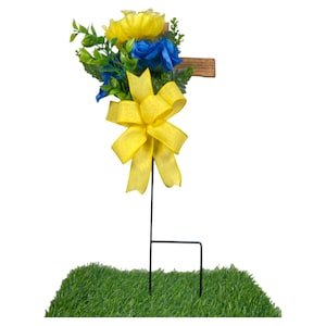 Cemetery Floral Cross Stake: Blue & Yellow Memorial Arrangement