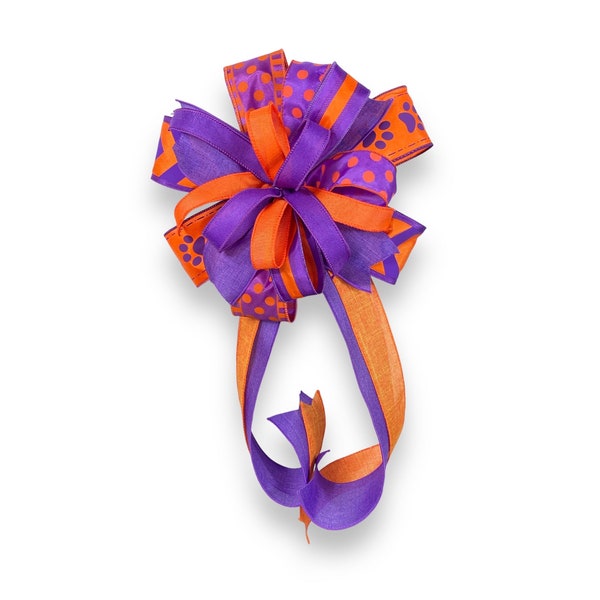 Orange and Purple  Wired Ribbons Bow, Lantern Bow, Christmas Tree Topper Bow, Lamp Pole Bow, Clemson, Pokey Dot Ribbon, Light Pole Bow.