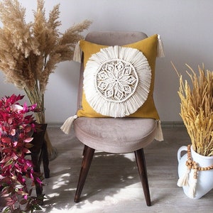 Makramee Kissenbezug, Makramee Kissenbezug, Senf gelb Makramee Kissen, Boho Stil Bohomian, Wohnkultur, dekorative Kissen, 20 x 20 Zoll Kissen