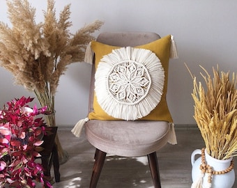 Funda de almohada Macrame, funda de almohada macrame, cojín macramé amarillo mostaza, bohomiano estilo boho, decoración del hogar, almohada decorativa, almohada de 20x20 pulgadas