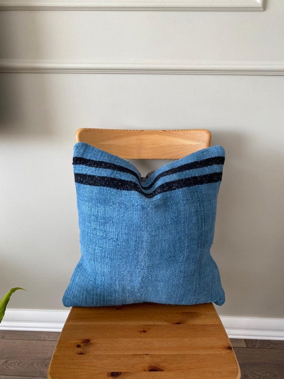 blue hemp pillow,20x20 decorative pillow turkish kilim pillowkilim pillow cover hemp cushion throw pillow tribal pillow patchwork pillow