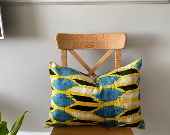 Blue Velvet İkat Pillow, Silk İkat Pillow, Velvet Pillow Covers İkat Lumbar Pillow Home Decor Pillow Accent Throw Pillow i-2