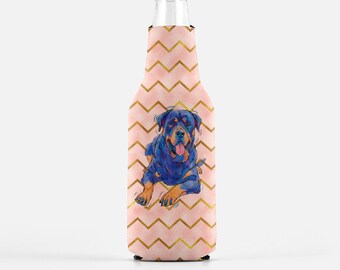 Rottweiler Bottle Insulator, Pink and Gold for Dog Mom, Dog Memorials, beer bottle wrap wedding favor, Housewarming Gift, zippered bottle