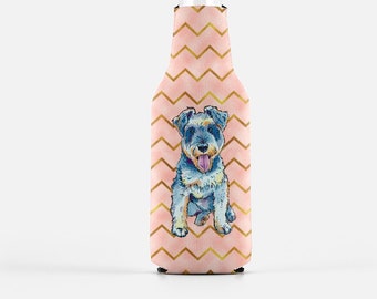 Schnauzer Bottle Insulator, Pink and Gold for Dog Mom, Dog Memorials, beer bottle wrap wedding favor, Housewarming Gift, zippered bottle