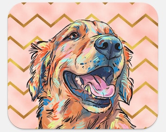 Mouse Pad, Cute Golden Retriever Chevron Design Round or Rectangle, Beautiful Design, Coworker Gift, Custom, Vintage Look,