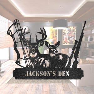Custom Deer Hunter Metal Sign, Personalized Bow and Hunting Rifle Sign, Deer Hunting Wall Hanging, Hunter Gift, Cabin Sign, Fathers Day Gift