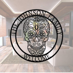 Sugar Skull Metal Sign, Dia De Los Muertos, Housewarming Sign, Skull Wall Art, Gift for Skull Memorial, Sugar Skull Sign, Personalized,