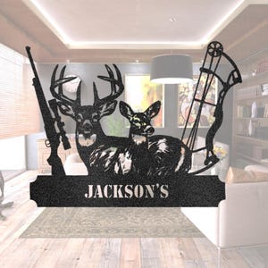 Custom Deer Hunter Metal Sign, Personalized Bow and Hunting Rifle Sign, Deer Hunting Wall Hanging, Hunter Gift, Cabin Sign, Fathers Day Gift