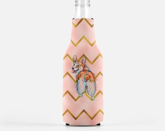 Corgi Bottle Insulator, Pink and Gold for Dog Mom, Dog Memorials, beer bottle wrap wedding favor, Housewarming Gift, zippered bottle