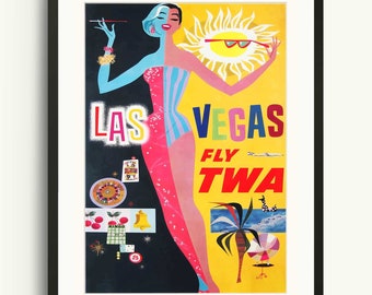 Op de afbeelding: Een vintage reisposter die reclame maakt voor een reis naar Las Vegas. De poster toont een vrouw in een badpak die voor een felgele zon met zonnebril staat. De tekst op de poster luidt "Las Vegas Fly TWA".