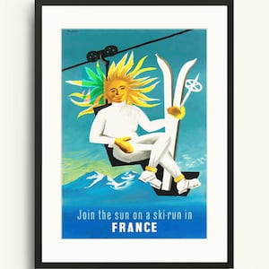 Póster de viaje de ski-run, Cartel de viaje de Francia, Cartel de arte pintado, Impresión de pared de montaña, Impresión de arte de surf en hielo, Arte de viaje de Europa, Impresión de viaje