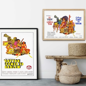 May include: A vintage movie poster for the film "Cotton Comes to Harlem" featuring a colourful illustration of a car with people standing on it. The poster is framed in black and has the title of the film in yellow letters.