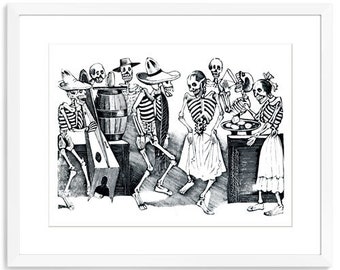 Skeleton Art Print: Day of the Dead Dance - Mexican Folk Style