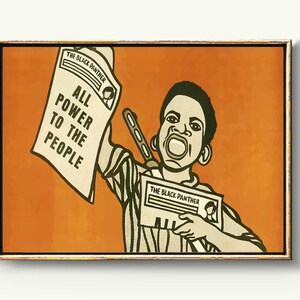 May include: A black and white illustration of a person holding a newspaper with the text "All Power to the People" and the title "The Black Panther". The person is wearing a striped shirt and has a determined expression on their face.