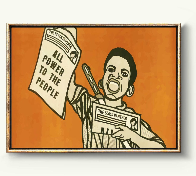 May include: A black and white illustration of a person holding a newspaper with the text "All Power to the People" and the title "The Black Panther". The person is wearing a striped shirt and has a determined expression on their face.