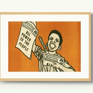 May include: A black and white illustration of a young person holding a newspaper with the text "The Black Panther" and "All Power to the People". The background is orange.