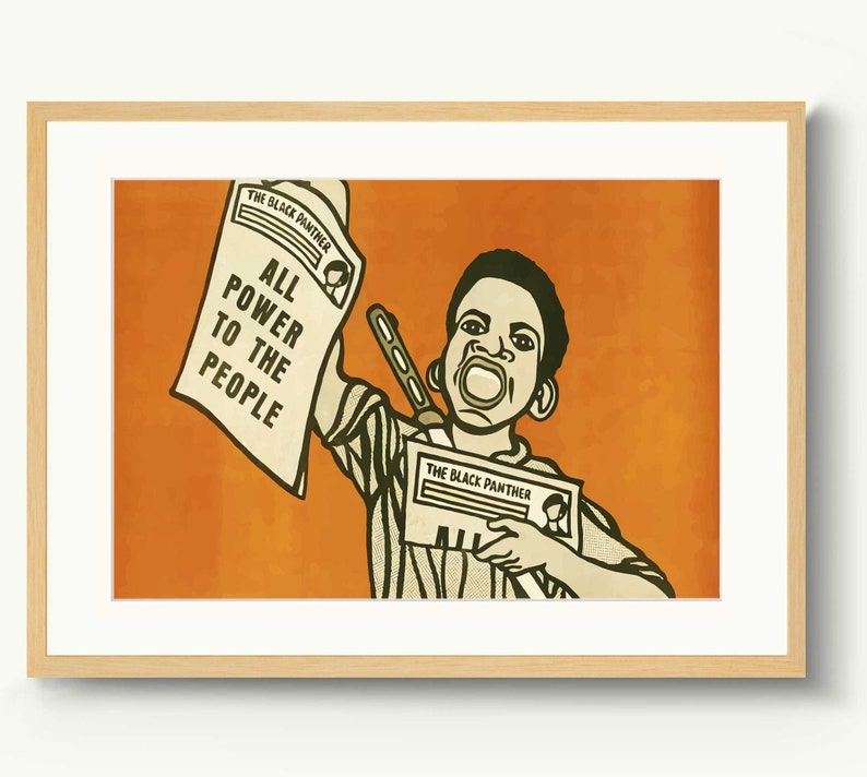 May include: A black and white illustration of a young person holding a newspaper with the text "The Black Panther" and "All Power to the People". The background is orange.