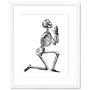 May include: A black and white illustration of a skeleton kneeling with its hands clasped in prayer.