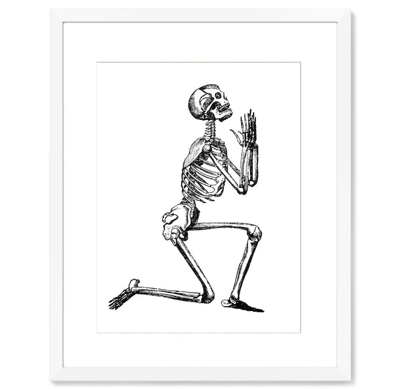 May include: A black and white illustration of a skeleton kneeling with its hands clasped in prayer.