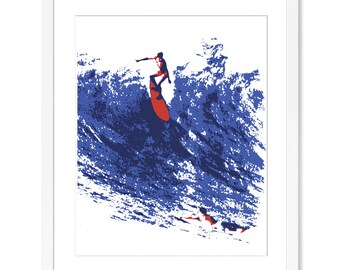 Pode incluir: Uma ilustração abstrata em azul e branco de um surfista a andar numa onda. O surfista é vermelho e branco e a onda é azul e branca.