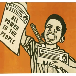 May include: A black and white illustration of a young person holding a newspaper with the text "The Black Panther" and "All Power to the People". The person is shouting and holding a stick in their other hand.