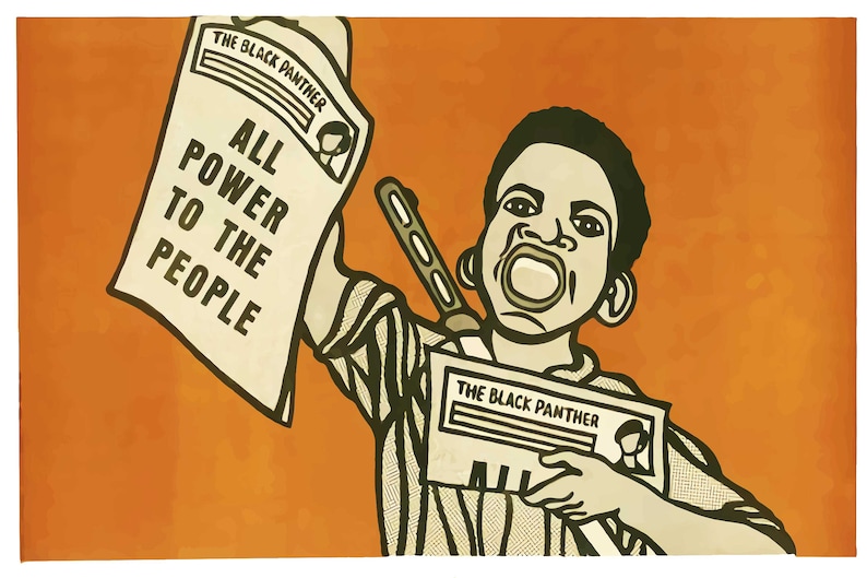 May include: A black and white illustration of a young person holding a newspaper with the text "The Black Panther" and "All Power to the People". The person is shouting and holding a stick in their other hand.