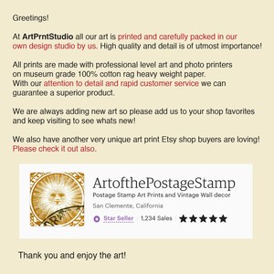 May include: A black and white illustration of a sun with a face. The text "ArtofthePostageStamp" is in black text with the words "Postage Stamp Art Prints and Vintage Wall decor" in smaller black text below. The text "San Clemente, California" is in black text below that. A five-star rating is shown with the text "Star Seller" and "1,234 Sales" below the rating.