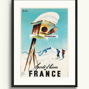 France Travel Poster, Europe Travel Poster, Mountain Wall Print, Winter Sports Art Print, Sports d'hiver Travel Art Print, Painted Poster