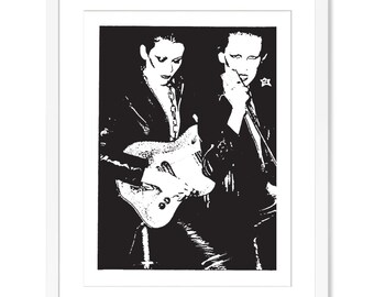 May include: Black and white illustration of two people, one playing an electric guitar, the other holding a microphone. The image is in a minimalist style.