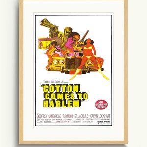 May include: A film poster for the movie "Cotton Comes to Harlem" featuring a yellow car with a woman in a bikini standing on the bonnet. The poster has a red, yellow and black colour scheme and includes the text "Not Suitable for Children".