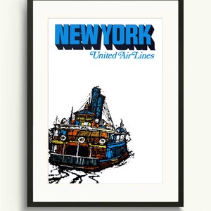 New York Travel Poster, Vintage Art Print, United Air Wall Poster, Statue Of Liberty Wall Art, America Travel Print, Painted Art Poster