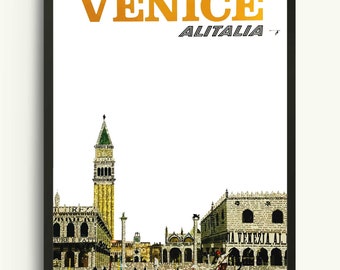 May include: A vintage travel poster for Venice, Italy, featuring a yellow and white illustration of the city's skyline with the text "VENICE ALITALIA" in a yellow font.