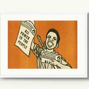 May include: A black and white illustration of a young person holding a newspaper with the text "THE BLACK PANTHER" and "ALL POWER TO THE PEOPLE". The background is orange.