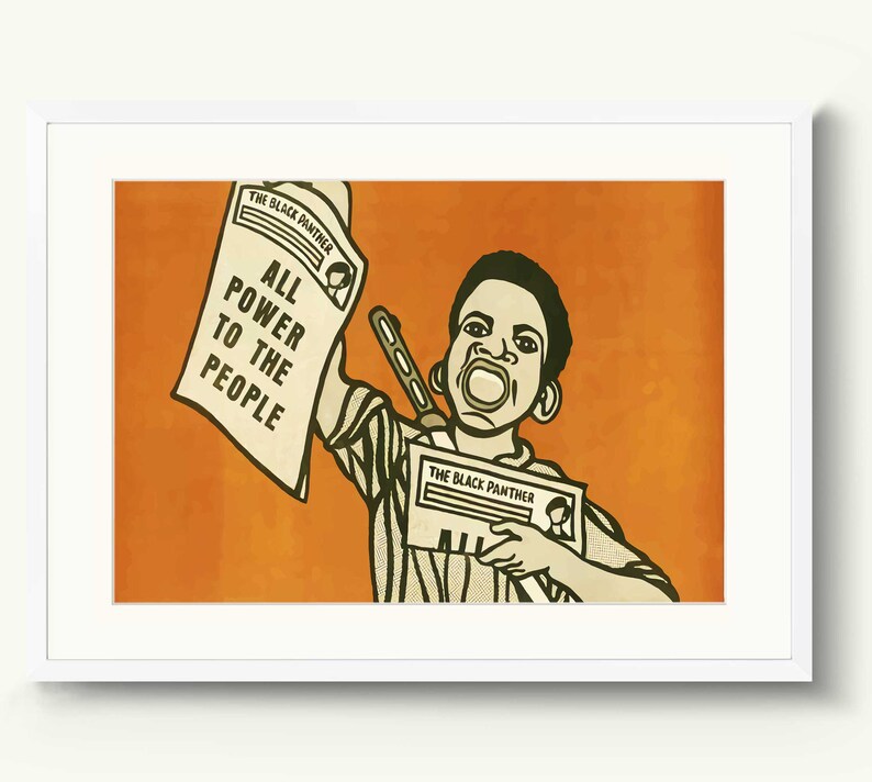 May include: A black and white illustration of a young person holding a newspaper with the text "THE BLACK PANTHER" and "ALL POWER TO THE PEOPLE". The background is orange.