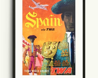 Spain Travel Poster, Vintage Wall Print, TWA Art Print, Europe Travel Poster, Painted Art Poster, America Travel Art Print, Architecture Art