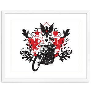May include: A black and white illustration of a skeleton riding a motorcycle with red and white accents. The motorcycle is surrounded by a decorative design with a crown, stars, and a bird.