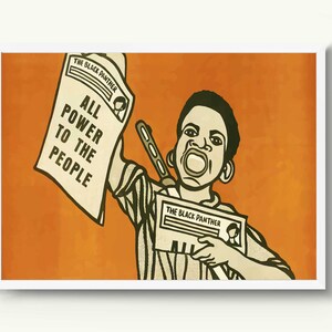 May include: A black and white illustration of a young person holding a newspaper with the text "ALL POWER TO THE PEOPLE" and the title "THE BLACK PANTHER". The background is orange.