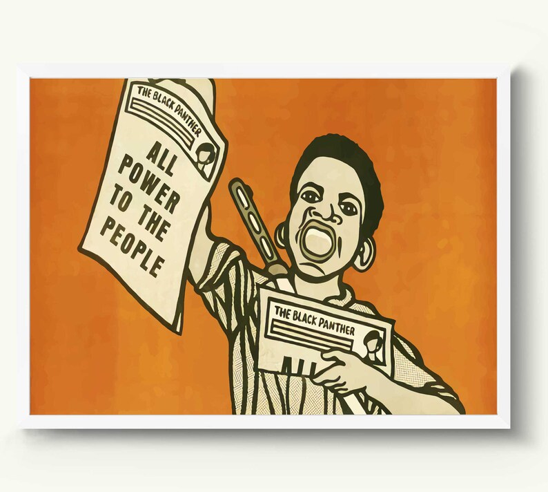 May include: A black and white illustration of a young person holding a newspaper with the text "ALL POWER TO THE PEOPLE" and the title "THE BLACK PANTHER". The background is orange.