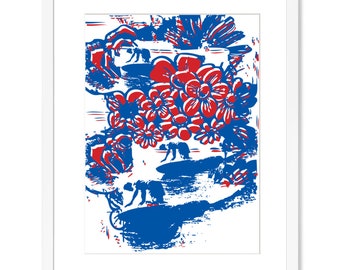 May include: Abstract art print featuring a blue and red design with stylized flowers and figures. The print has a white background.