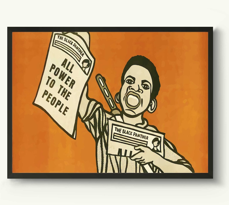 May include: A black and white illustration of a young person holding a newspaper that reads "The Black Panther" and "All Power to the People". The background is orange.