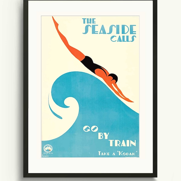 The Seaside Calls Go By Train Travel Poster, Seaside Wall Poster, Australia Travel Print, Painted Art Poster, Sea Beach Art Print, Wall Art