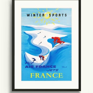 Póster de viaje de deportes de invierno, Cartel de viaje de Francia, Cartel de arte pintado, Arte de viaje de Europa, Impresión de pared de montaña, Impresión de arte de surf en hielo