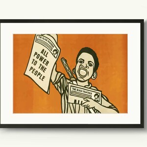 May include: A black and white illustration of a young person holding a newspaper with the headline "ALL POWER TO THE PEOPLE" and the words "THE BLACK PANTHER" printed on the newspaper. The background is orange.