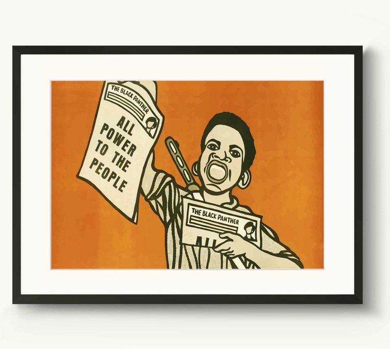 May include: A black and white illustration of a young person holding a newspaper with the headline "ALL POWER TO THE PEOPLE" and the words "THE BLACK PANTHER" printed on the newspaper. The background is orange.