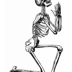 May include: A black and white illustration of a skeleton kneeling with its hands clasped in prayer.